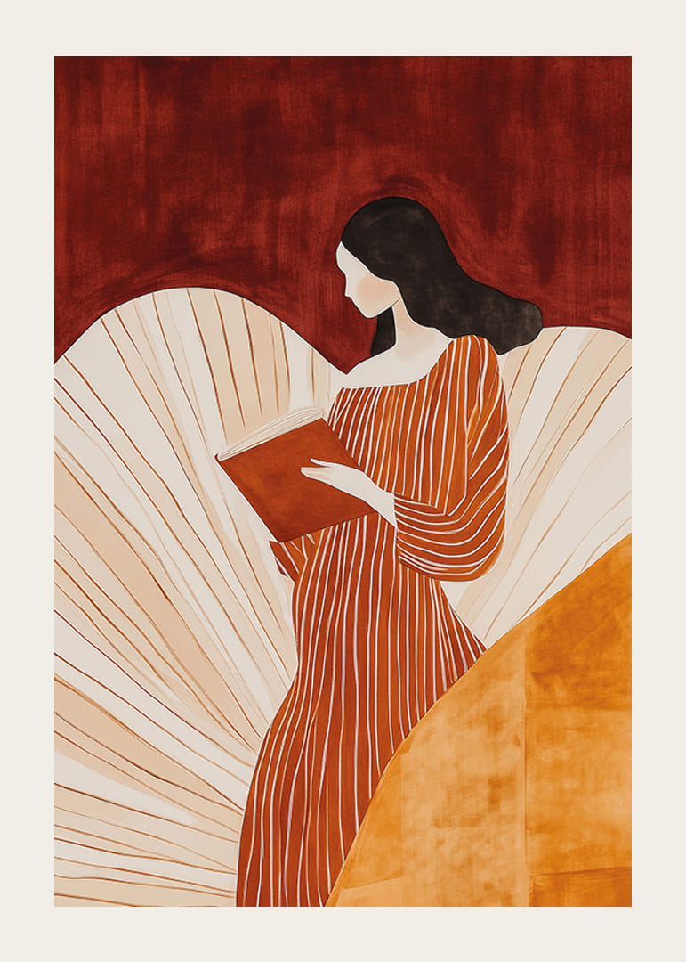 A poster of a woman in a striped dress reading a book -12