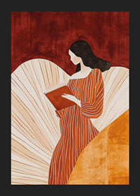 A poster of a woman in a striped dress reading a book -5