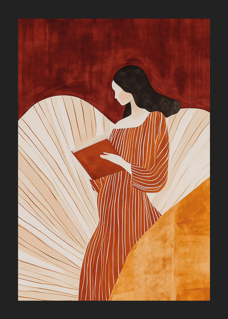 A poster of a woman in a striped dress reading a book -12