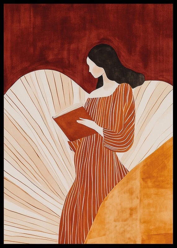 A poster of a woman in a striped dress reading a book -12