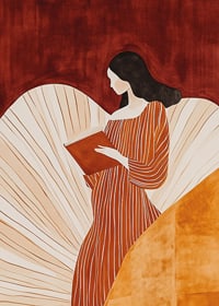 A poster of a woman in a striped dress reading a book -7