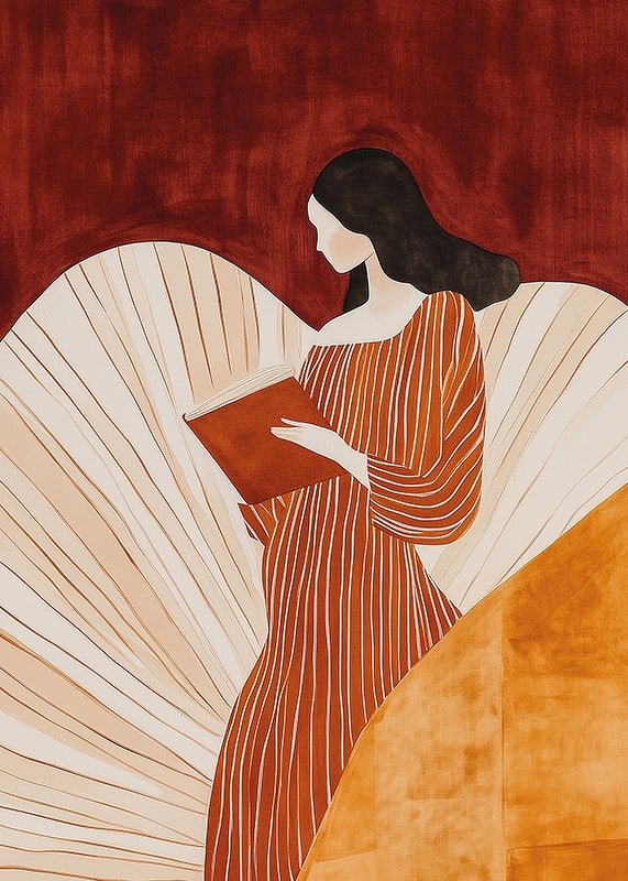 A poster of a woman in a striped dress reading a book -12