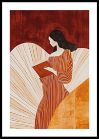 A poster of a woman in a striped dress reading a book -0