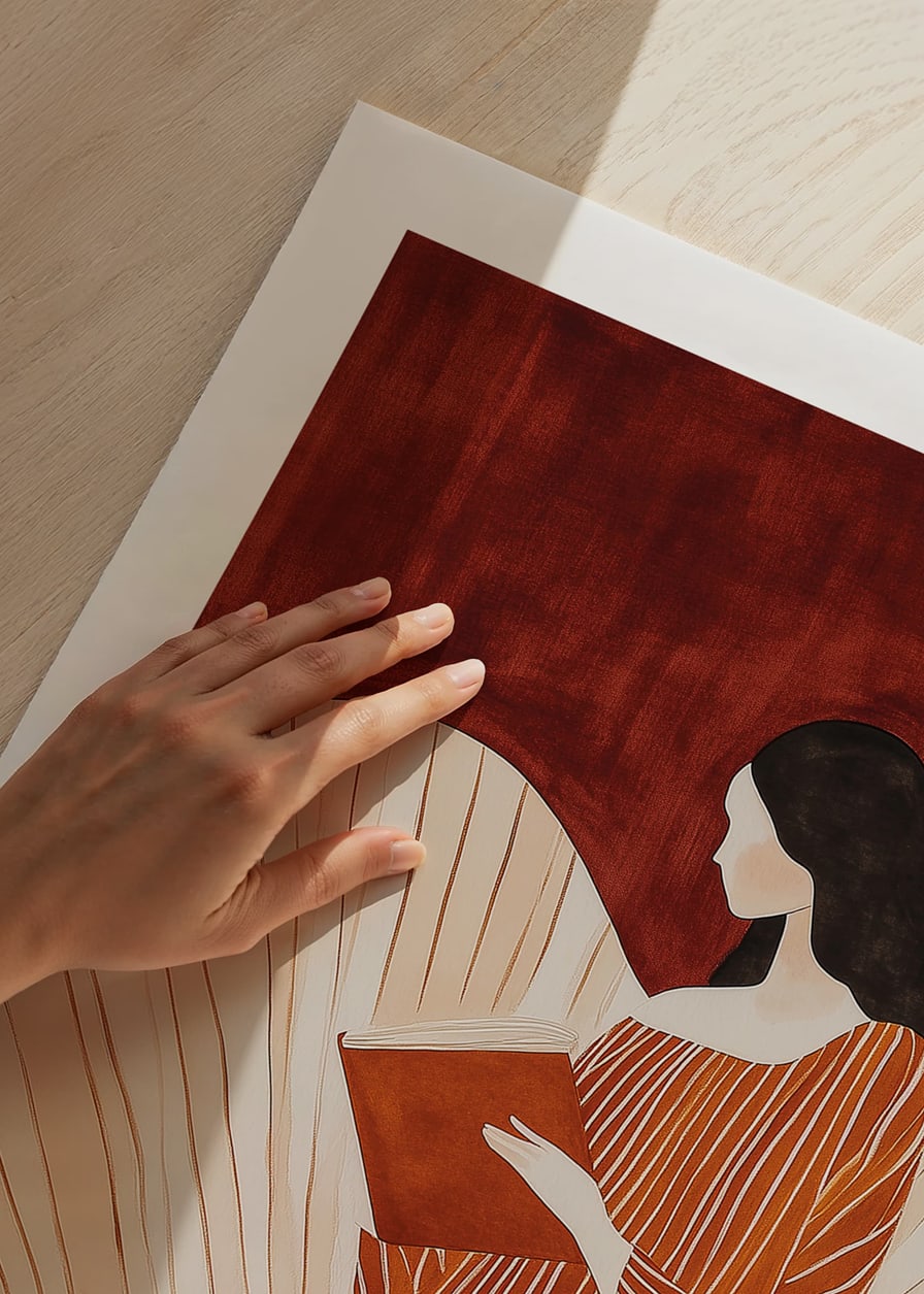 A poster of a woman in a striped dress reading a book -12