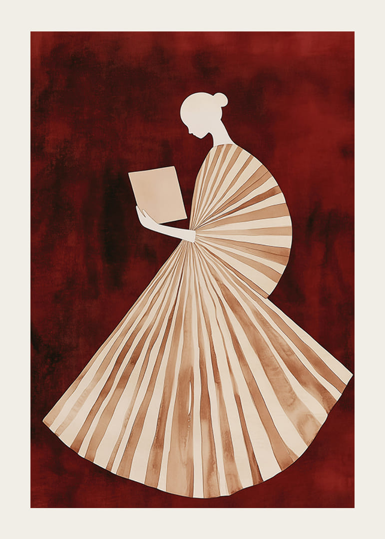 En poster av en kvinna i randig klänning som läser en bok-12