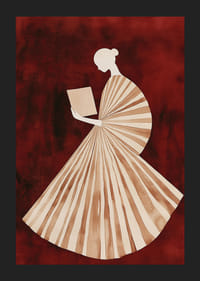 En poster av en kvinna i randig klänning som läser en bok-5