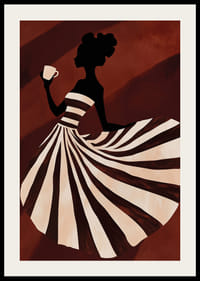 Un cartel de una mujer con un vestido de rayas disfrutando de una taza de café.-2