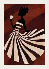 Un cartel de una mujer con un vestido de rayas disfrutando de una taza de café.-3