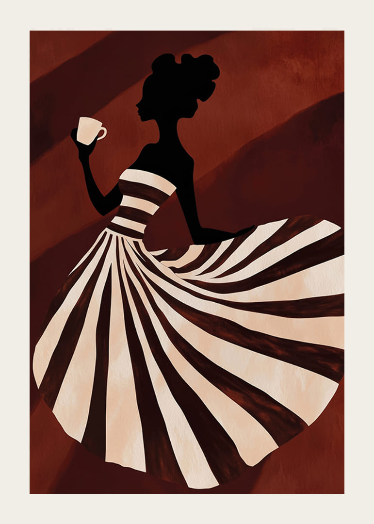 Un cartel de una mujer con un vestido de rayas disfrutando de una taza de café.-12