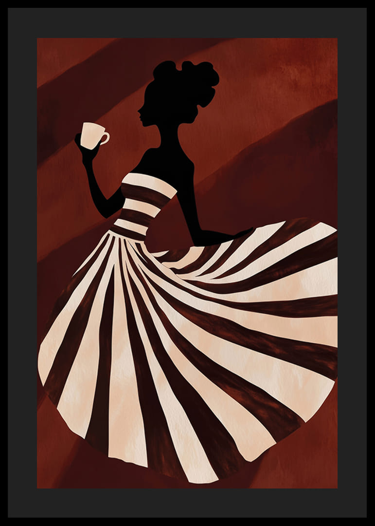 Un cartel de una mujer con un vestido de rayas disfrutando de una taza de café.-12