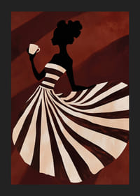 Un cartel de una mujer con un vestido de rayas disfrutando de una taza de café.-5