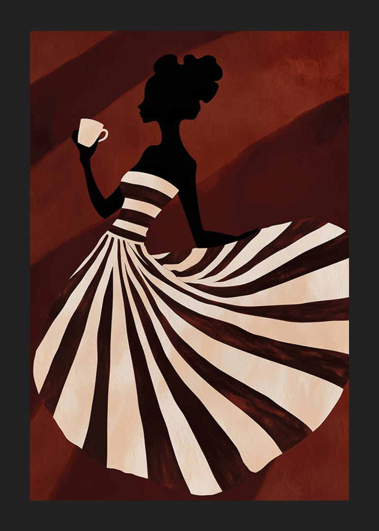 Un cartel de una mujer con un vestido de rayas disfrutando de una taza de café.-12
