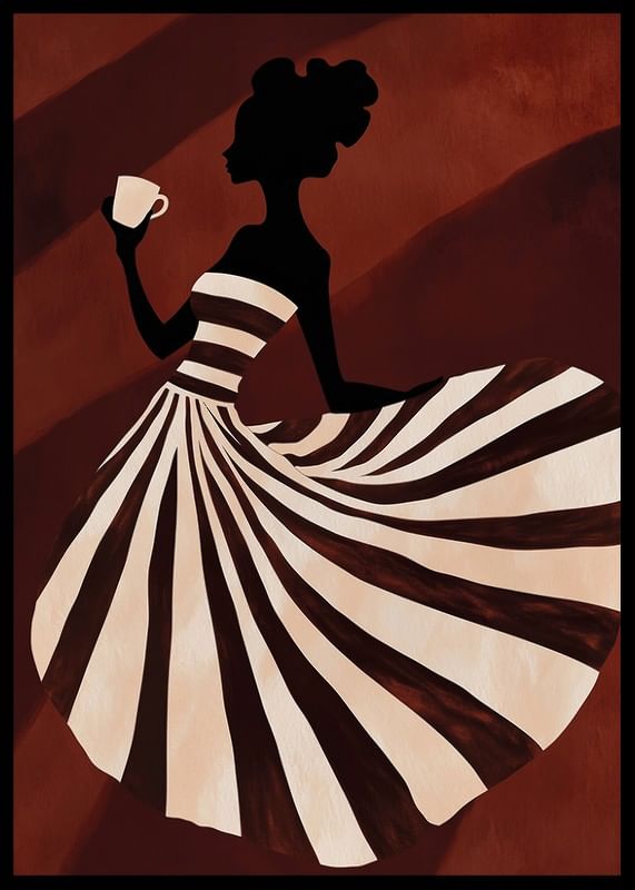 Een poster van een vrouw in een gestreepte jurk die geniet van een kopje koffie-12