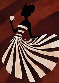 Een poster van een vrouw in een gestreepte jurk die geniet van een kopje koffie-3