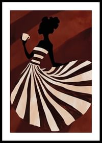 Een poster van een vrouw in een gestreepte jurk die geniet van een kopje koffie-0