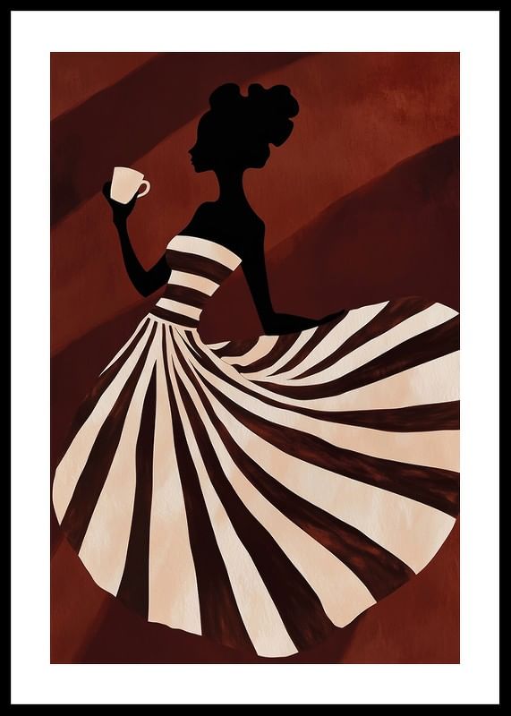 Een poster van een vrouw in een gestreepte jurk die geniet van een kopje koffie-12