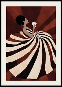 Une affiche d'une femme dans une robe fluide à rayures savourant une tasse de café-2