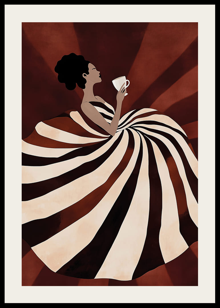 Une affiche d'une femme dans une robe fluide à rayures savourant une tasse de café-12