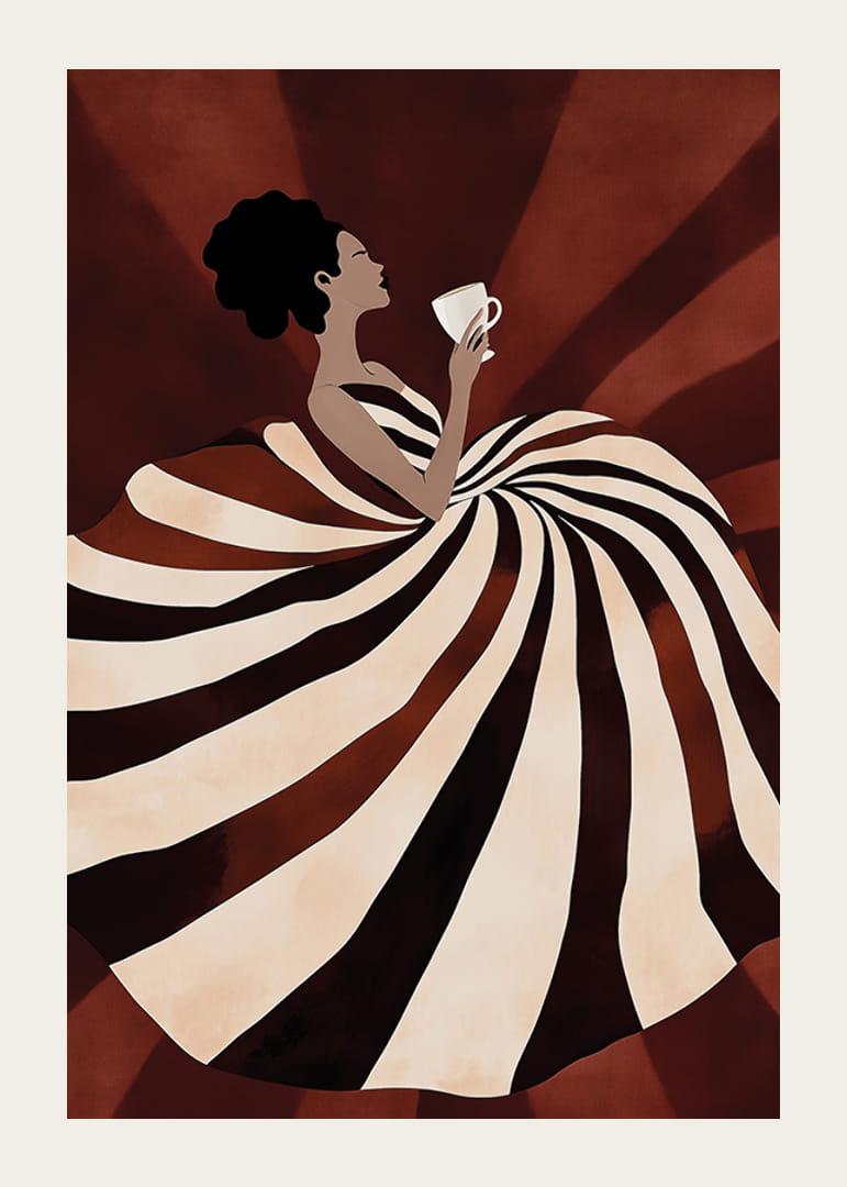 Une affiche d'une femme dans une robe fluide à rayures savourant une tasse de café-12
