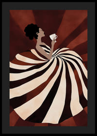 Une affiche d'une femme dans une robe fluide à rayures savourant une tasse de café-4