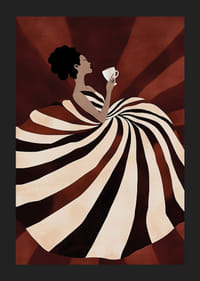 Une affiche d'une femme dans une robe fluide à rayures savourant une tasse de café-5