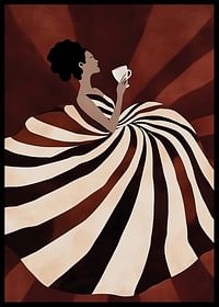 En poster av en kvinna i svepande randig klänning som njuter av en kopp kaffe-2