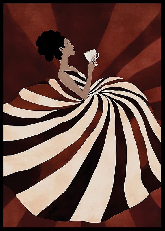 En poster av en kvinna i svepande randig klänning som njuter av en kopp kaffe-12
