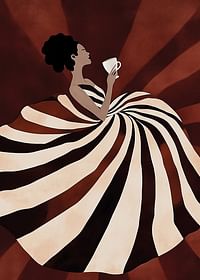 En poster av en kvinna i svepande randig klänning som njuter av en kopp kaffe-3