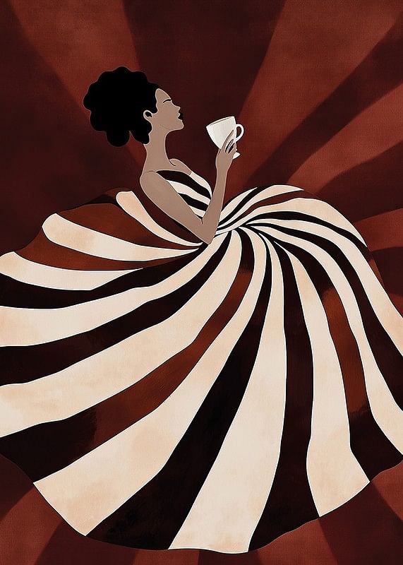 En poster av en kvinna i svepande randig klänning som njuter av en kopp kaffe-12