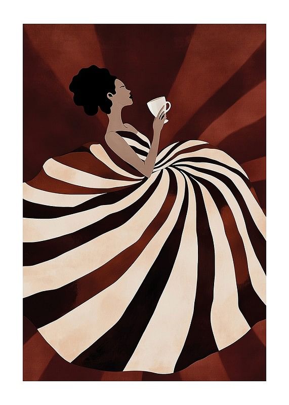 En poster av en kvinna i svepande randig klänning som njuter av en kopp kaffe-12