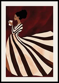 A poster of a woman in a striped dress enjoying a cup of coffee-2