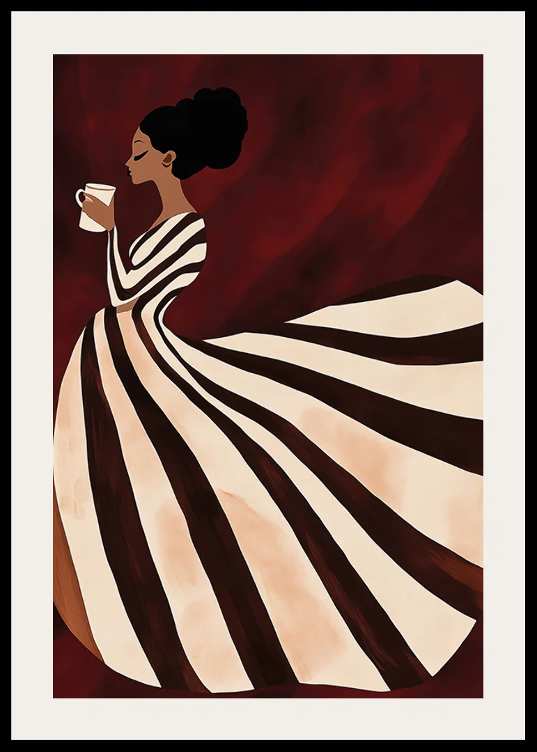 A poster of a woman in a striped dress enjoying a cup of coffee-12