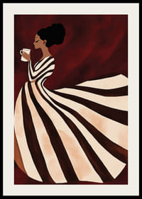 Um poster de uma mulher com um vestido às riscas a beber uma chávena de café-2