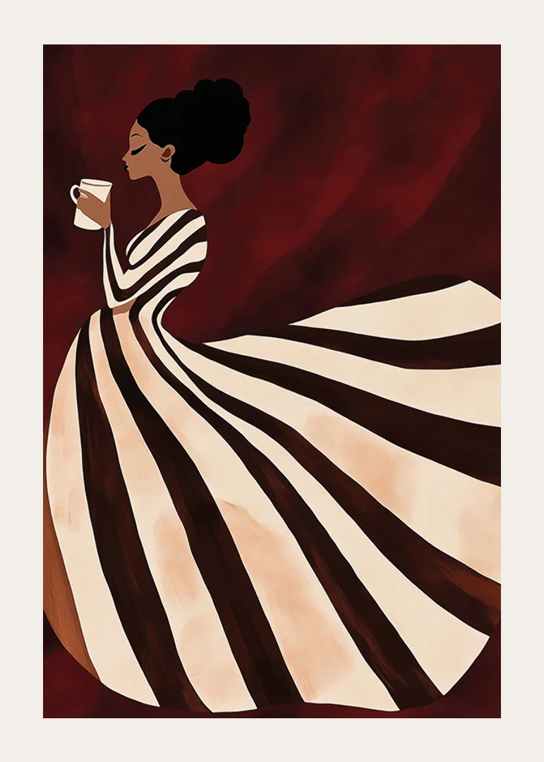 A poster of a woman in a striped dress enjoying a cup of coffee-12