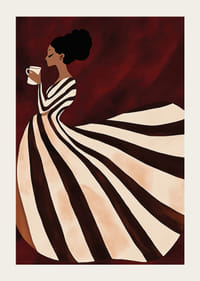 Um poster de uma mulher com um vestido às riscas a beber uma chávena de café-3