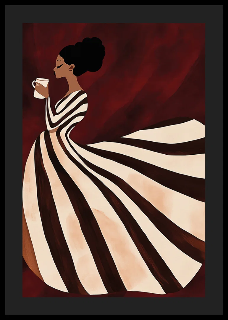 A poster of a woman in a striped dress enjoying a cup of coffee-12