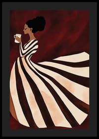 Um poster de uma mulher com um vestido às riscas a beber uma chávena de café-4