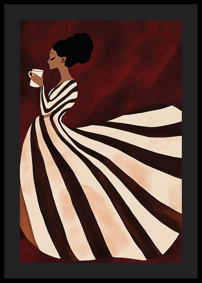 Um poster de uma mulher com um vestido às riscas a beber uma chávena de café-12