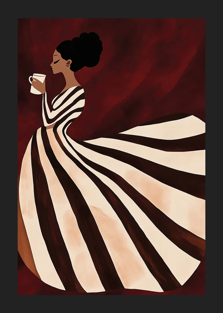 A poster of a woman in a striped dress enjoying a cup of coffee-12