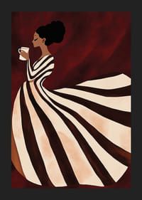 Um poster de uma mulher com um vestido às riscas a beber uma chávena de café-5