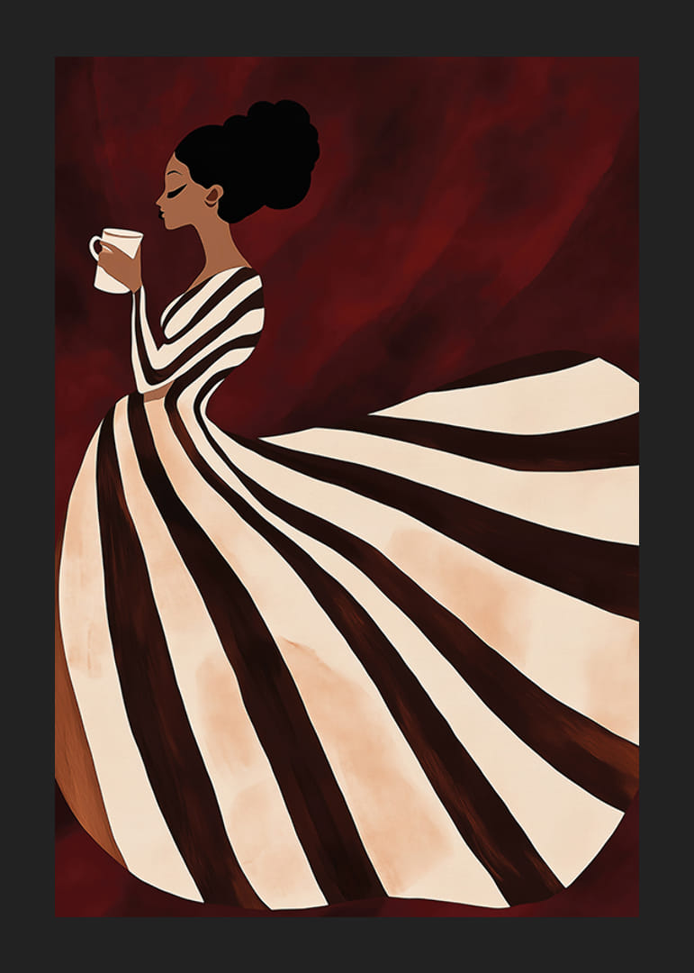 Um poster de uma mulher com um vestido às riscas a beber uma chávena de café-12