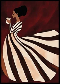 A poster of a woman in a striped dress enjoying a cup of coffee-6