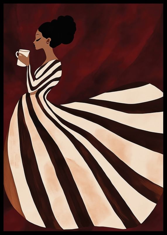 Een poster van een vrouw in een gestreepte jurk die geniet van een kopje koffie-12