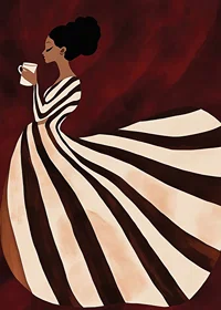 A poster of a woman in a striped dress enjoying a cup of coffee-7
