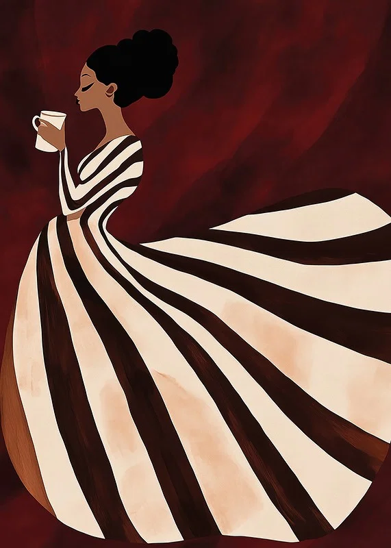 A poster of a woman in a striped dress enjoying a cup of coffee-12