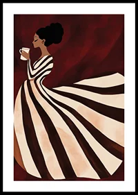 A poster of a woman in a striped dress enjoying a cup of coffee-0