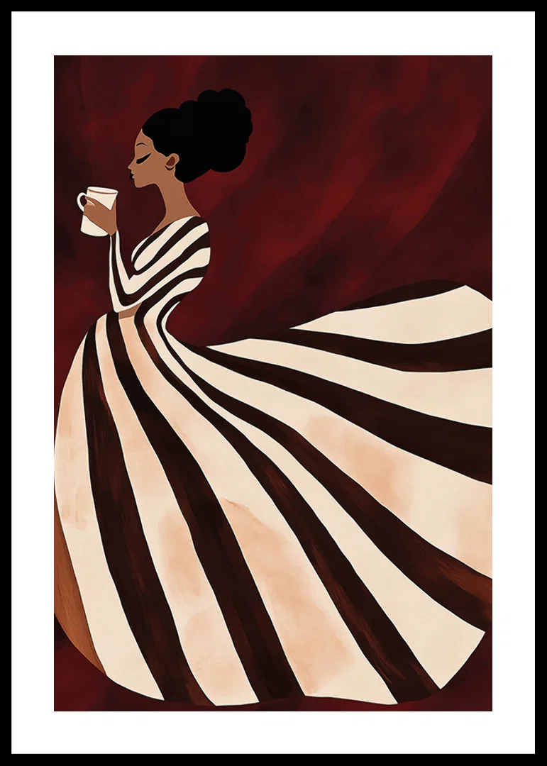A poster of a woman in a striped dress enjoying a cup of coffee-12