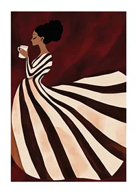 A poster of a woman in a striped dress enjoying a cup of coffee-1