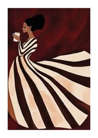 Een poster van een vrouw in een gestreepte jurk die geniet van een kopje koffie-1