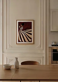 A poster of a woman in a striped dress enjoying a cup of coffee-8